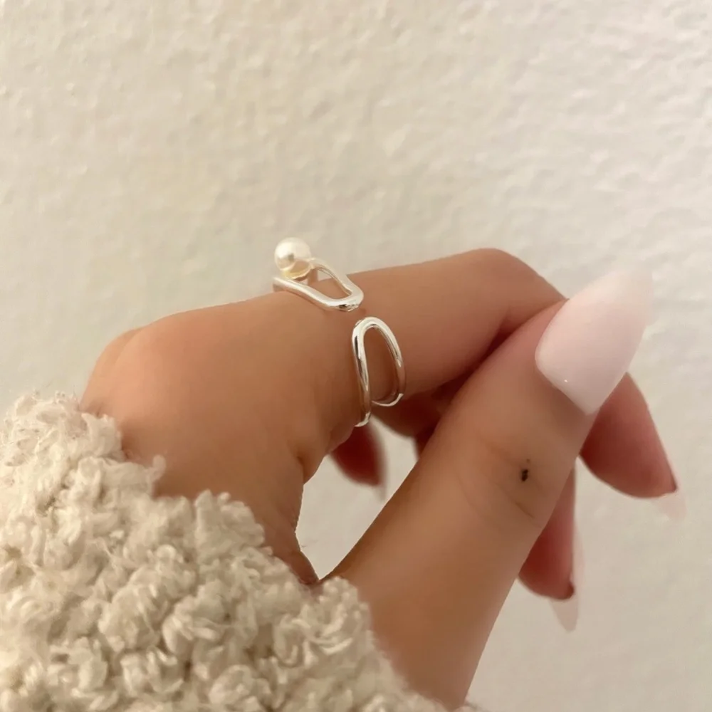 925 Sterling Silver Minimalist Geometric Pearl Ring Dainty Ring Modern Bar Ring